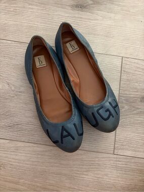 Ellen Degeneres Blue Leather 'LAUGH' Ballet Flats